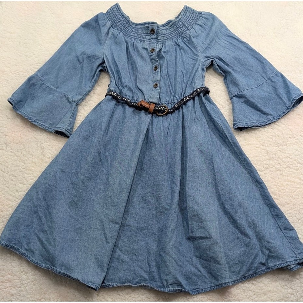 Justice Smocked Bell Sleeve Chambray Dress Girls Size 6/7 Blue with Belt